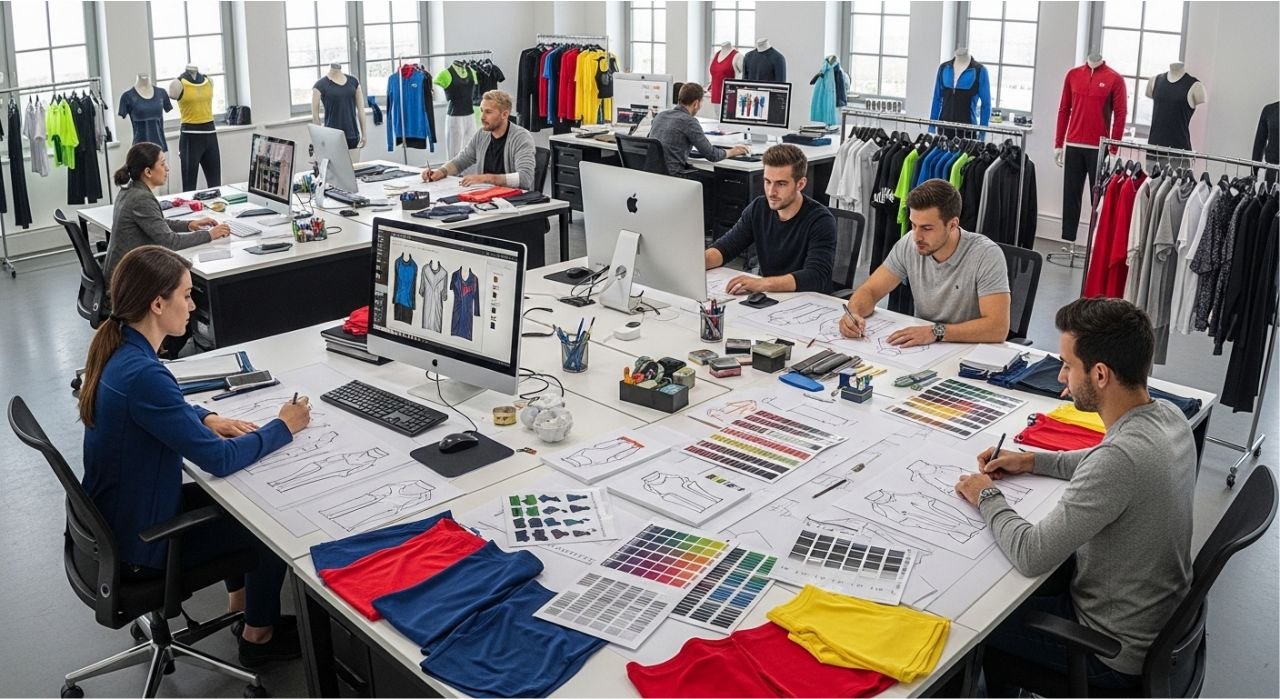 Custom sportswear manufacturing studio with designers and colorful athletic apparel.