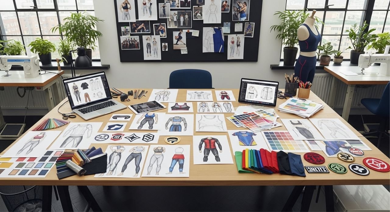 “Workspace showing sketches, fabrics, and logos for designing custom private label sportswear products.”
