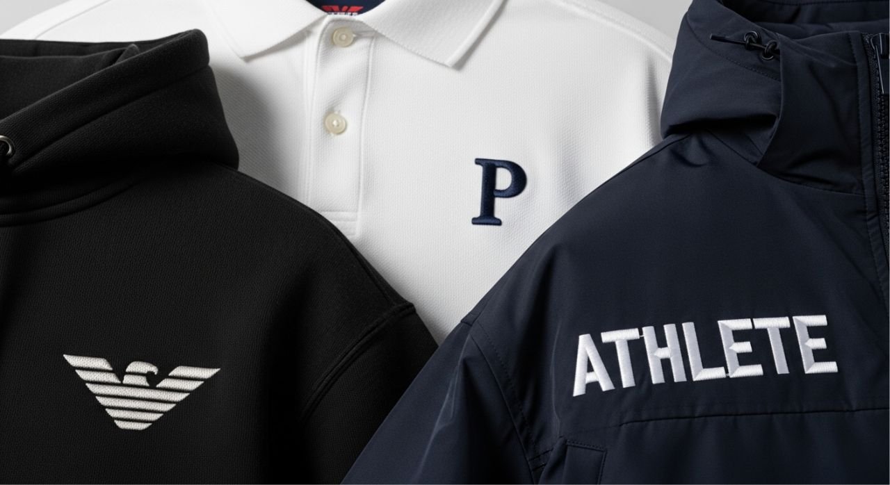 “Sportswear with raised embroidered logos on hoodies and polo shirts.”