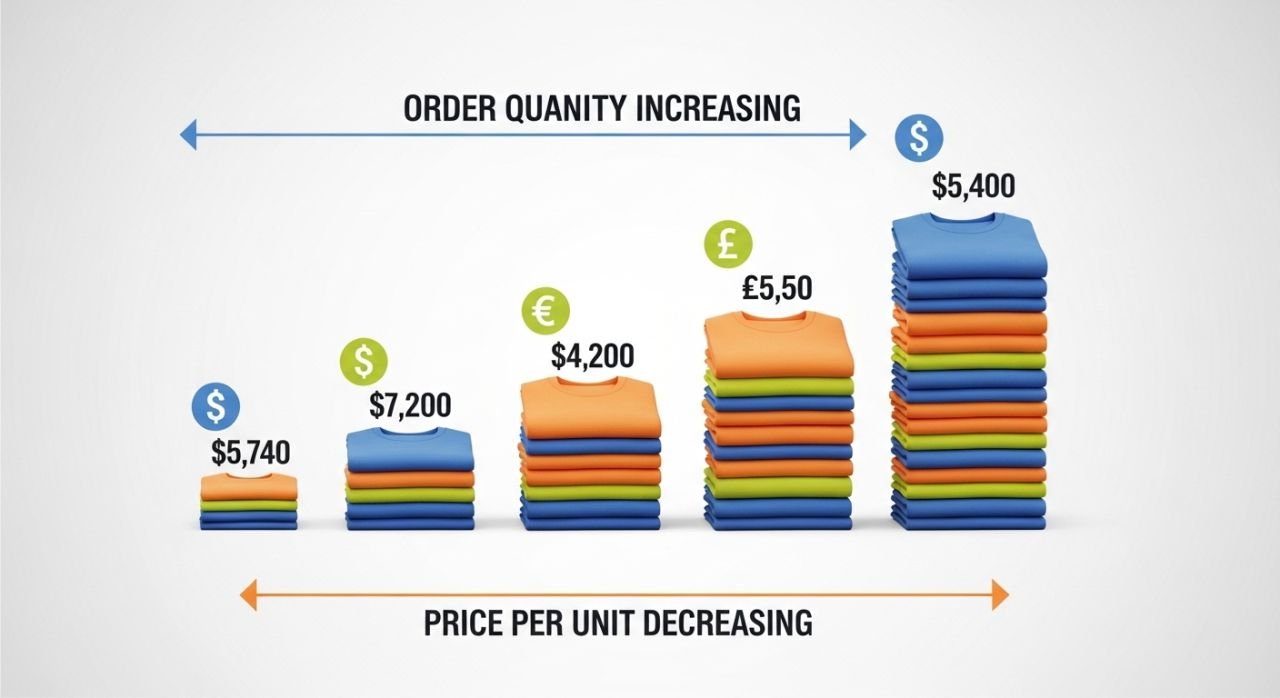 Infographic showing how minimum order quantity affects per-unit pricing in apparel production.