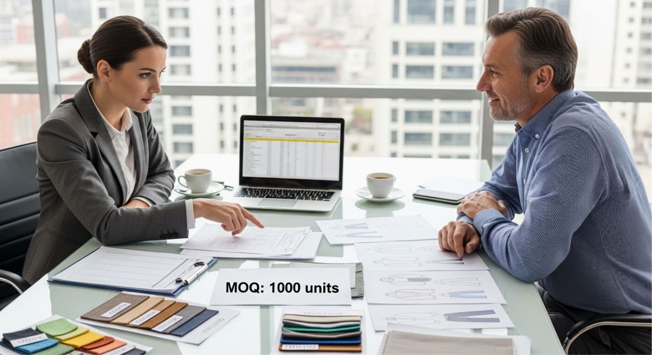 Buyer negotiating minimum order quantities with apparel manufacturer using samples and documents.
