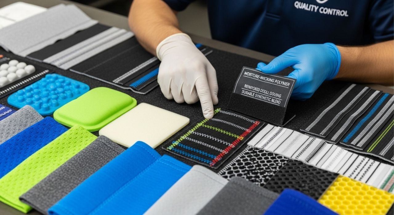 Close-up of high-quality sports gear materials and stitching being inspected for standards.