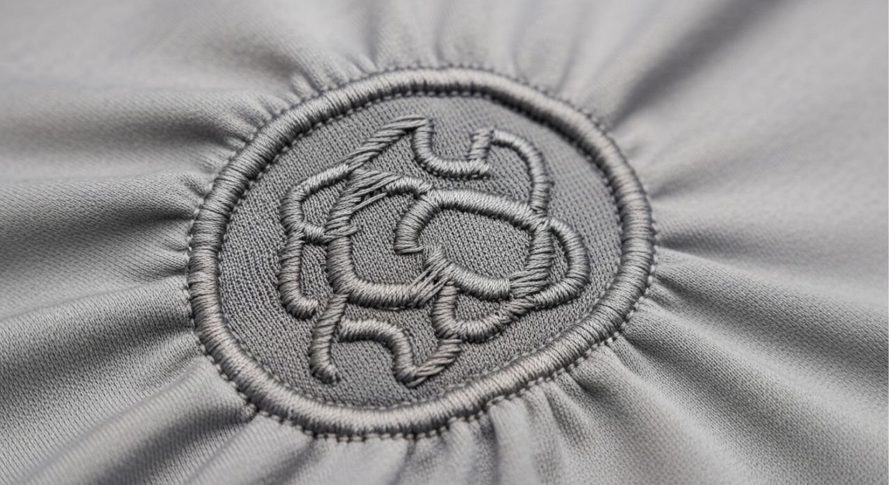 “Embroidery on lightweight sportswear showing stiffness and limited fabric stretch.”