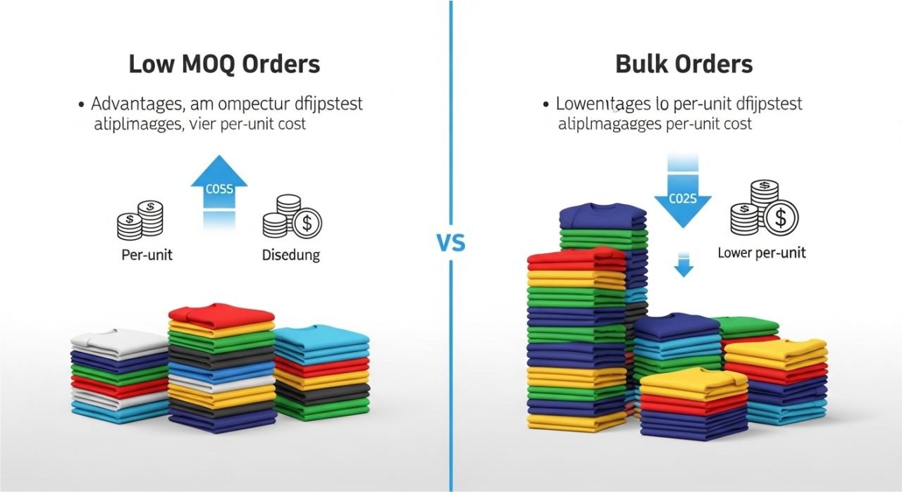 Infographic comparing minimum order quantity vs bulk orders for apparel businesses.