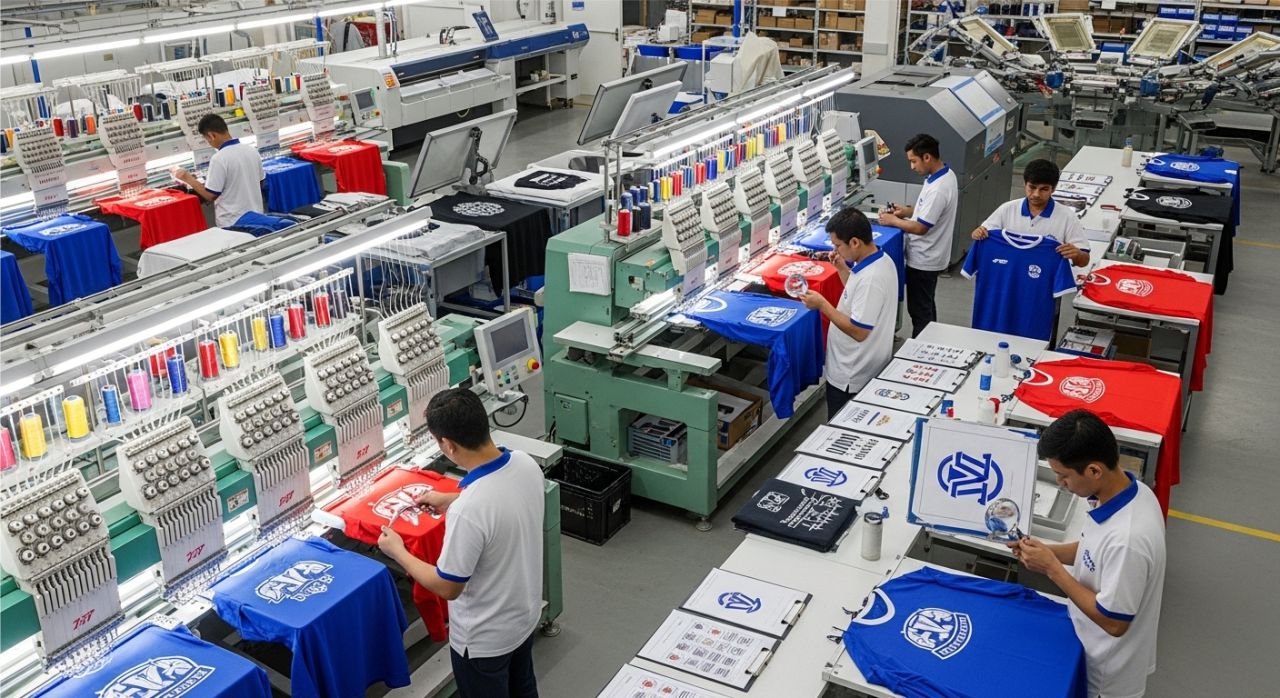 “Sportswear manufacturing showing printing and embroidery processes with quality checks.”