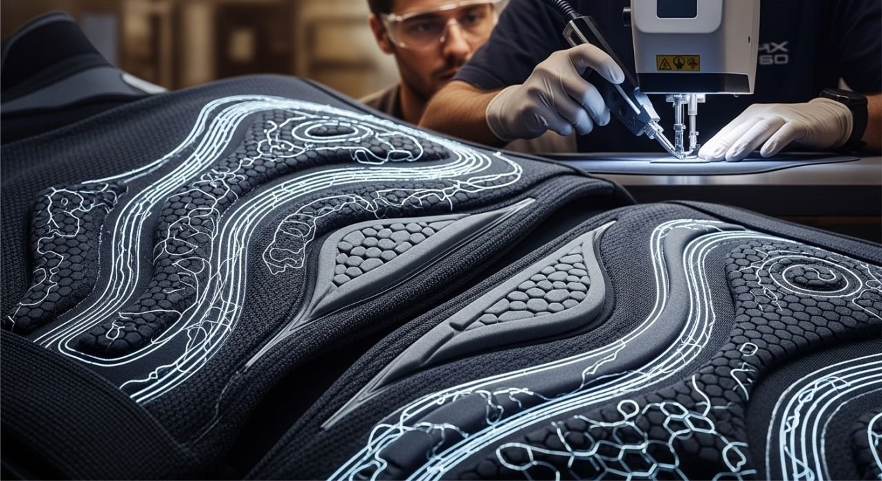 High-quality sports gear materials and innovative manufacturing technology in use.