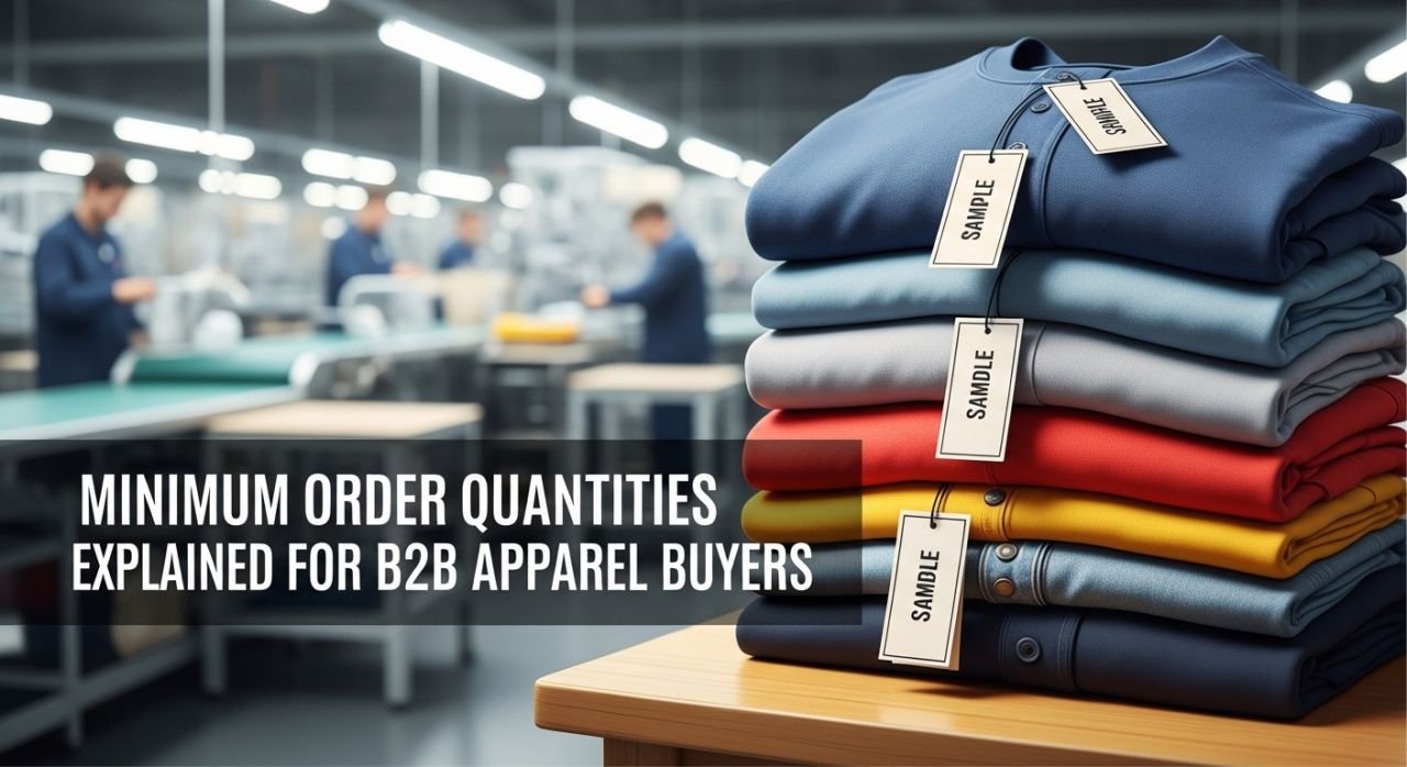Thumbnail showing custom sportswear and clothing with text ‘Minimum Order Quantities Explained for B2B Apparel Buyers’.