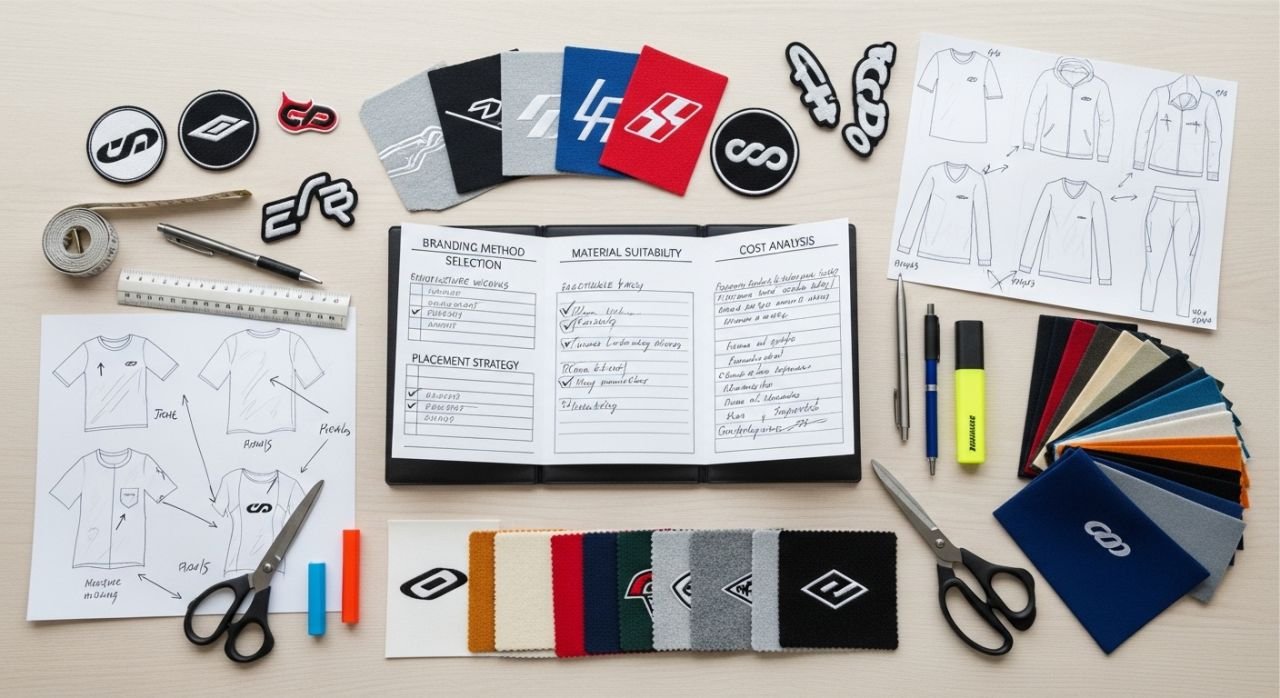 “Sportswear branding samples with tips for selecting printing or embroidery methods.”