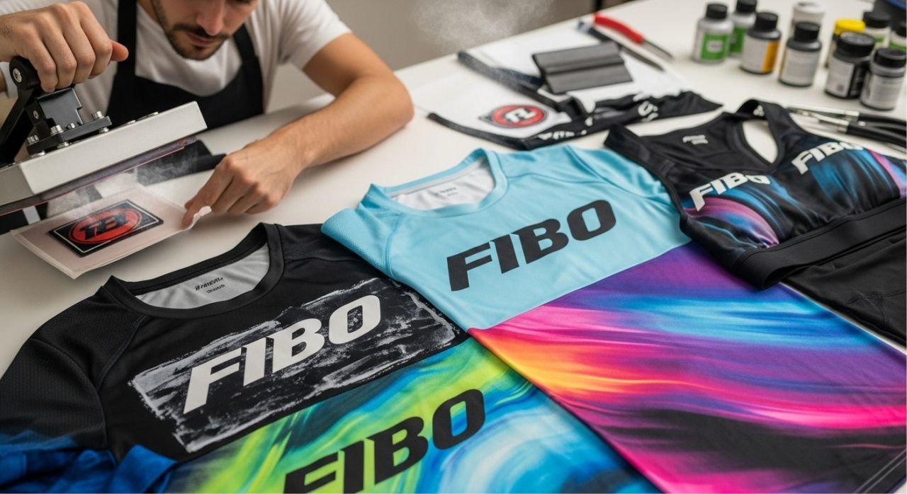 “Sportswear with colorful printed logos using various printing techniques.”