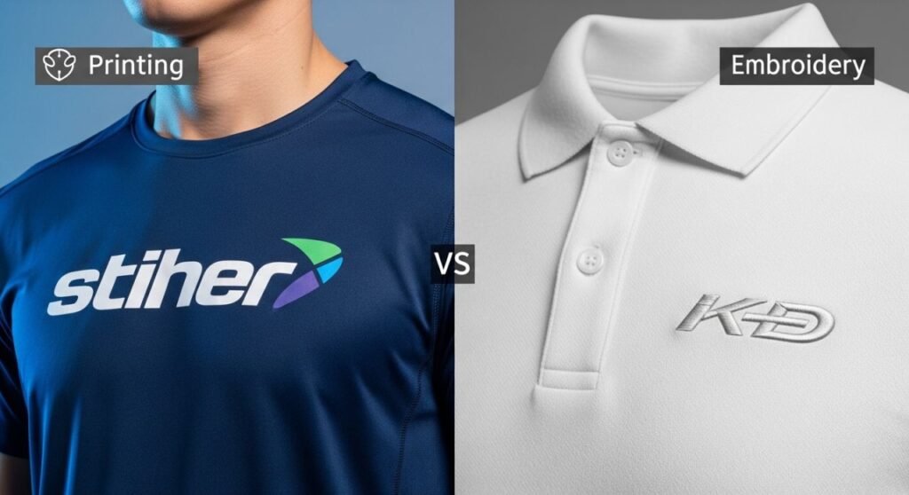 “Sportswear thumbnail showing printed logo on running shirt and embroidered logo on polo shirt side by side Printing vs Embroidery.”