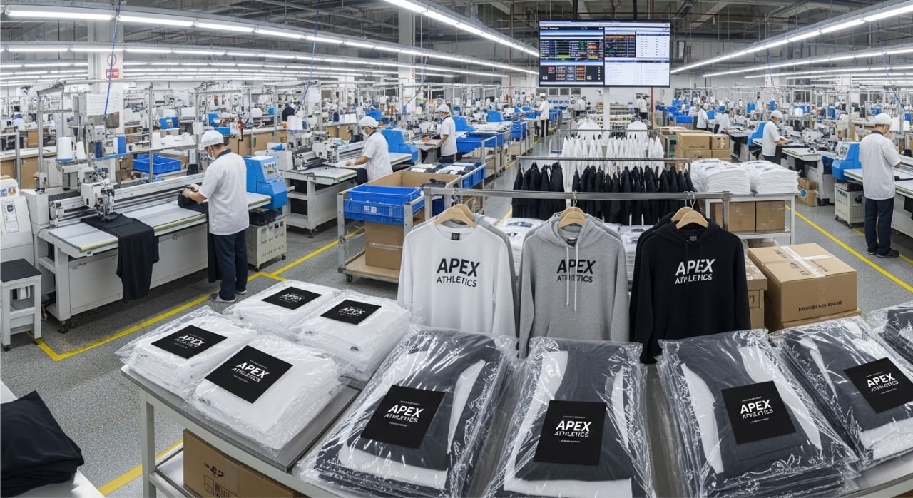 Private label and OEM custom sportswear production with hangtags and packaging.