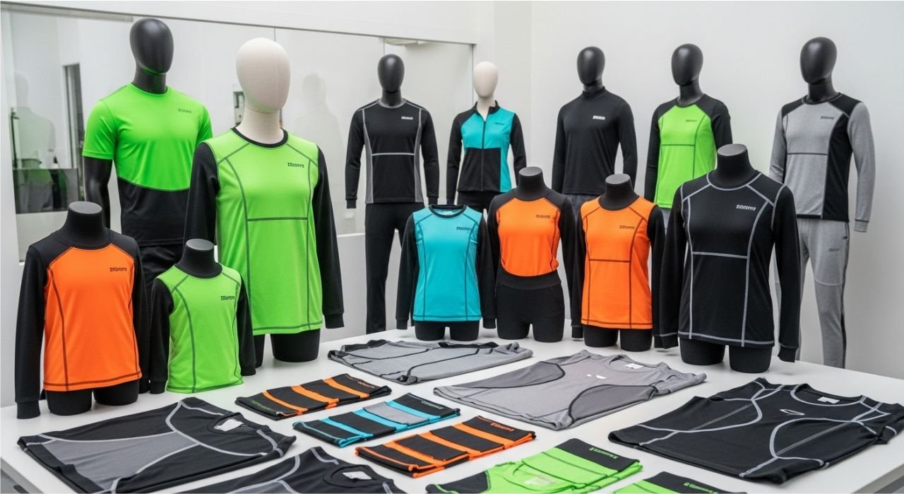 Custom sportswear designs showing panel stitching, fits, and styles for men, women, and youth.