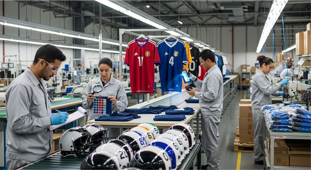Workers performing quality control checks on sports gear in a manufacturing factory.
