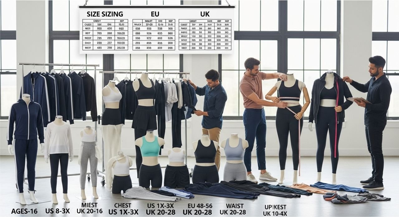 Custom sportswear displaying various sizes and regional size charts for global markets.