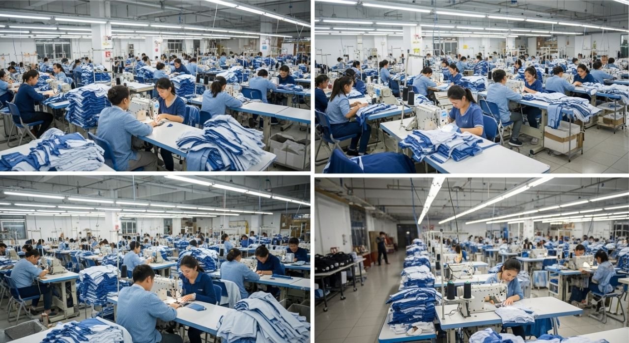 Complete custom sportswear manufacturing process including design, production, quality control, and shipping.