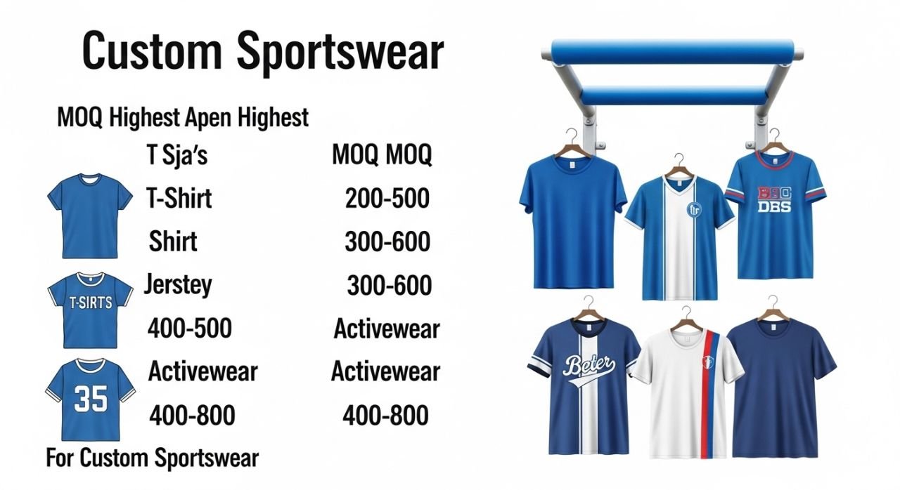 Chart showing typical minimum order quantity ranges for different types of apparel.