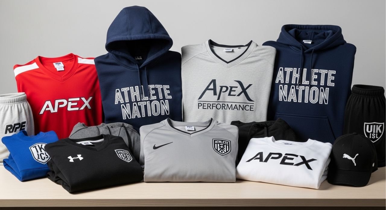 “Printed and embroidered sportswear showing branding methods on jerseys and hoodies.”