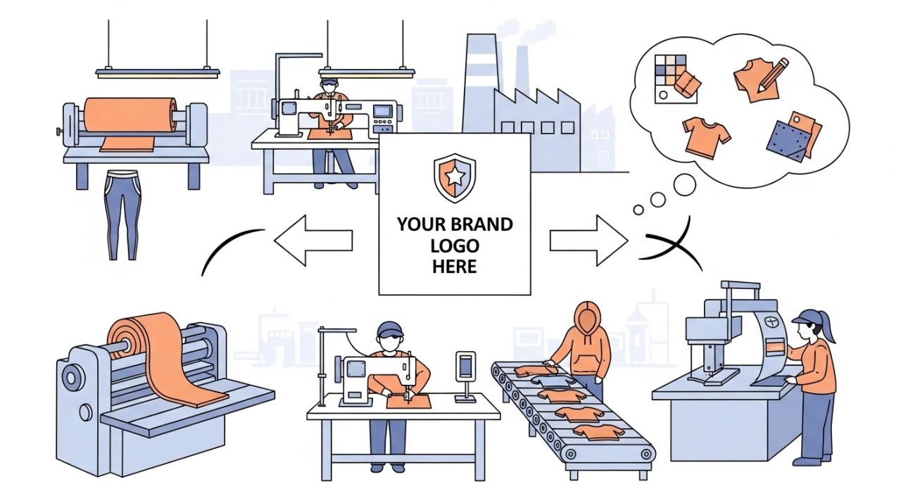 “Private label sportswear products being manufactured and branded with custom logos in a factory setting.”
