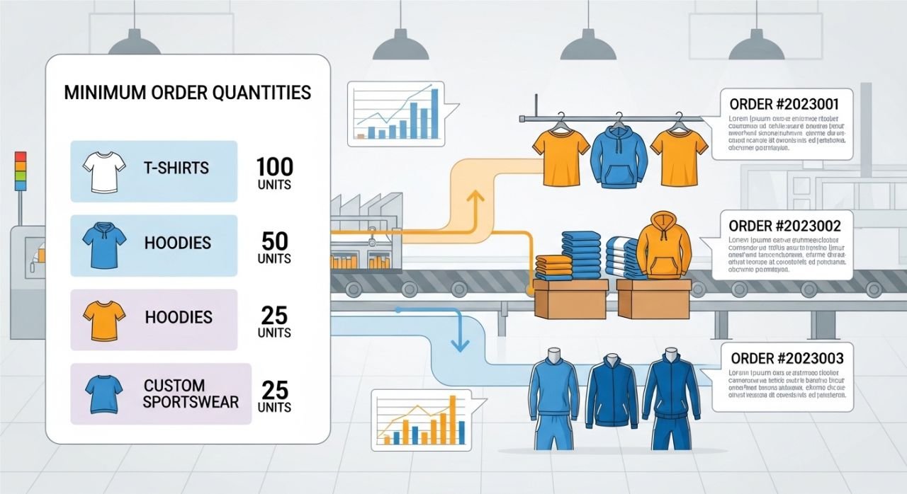 Graphic showing clothing production with labeled minimum order quantities for apparel.