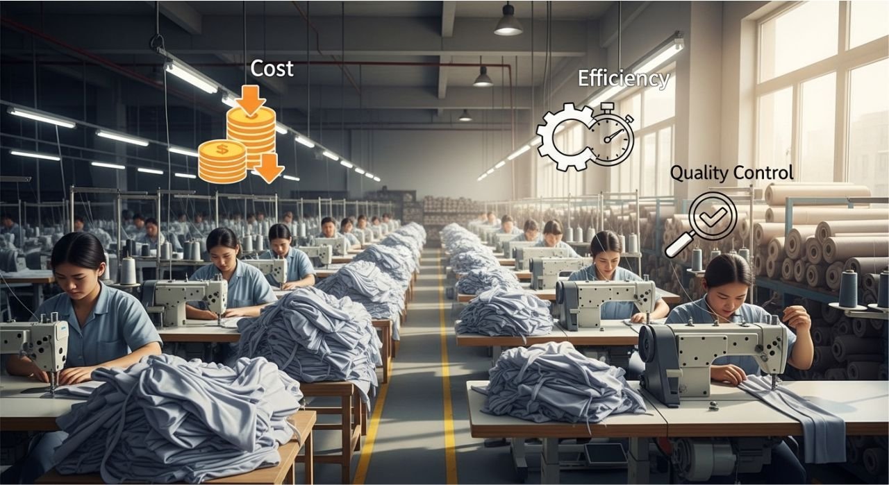 Factory workers producing clothes illustrating reasons for minimum order quantities in apparel manufacturing.