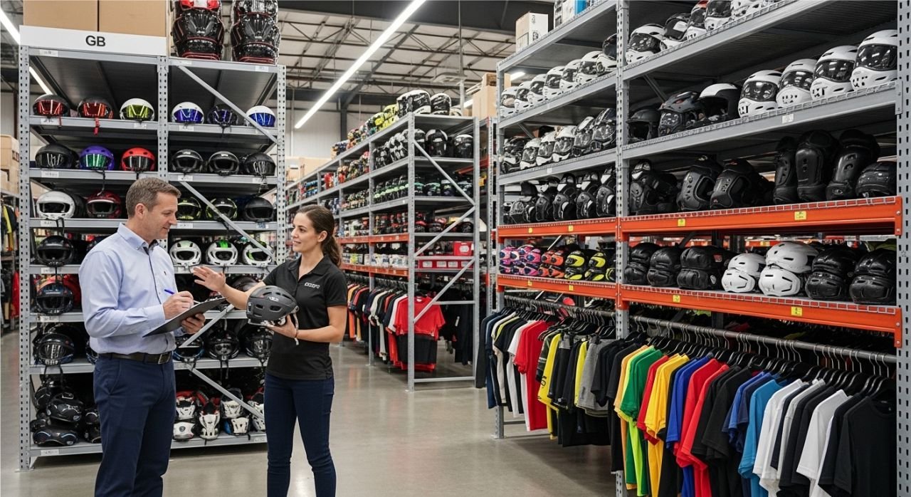 B2B buyer inspecting sports gear in a factory to ensure quality standards.