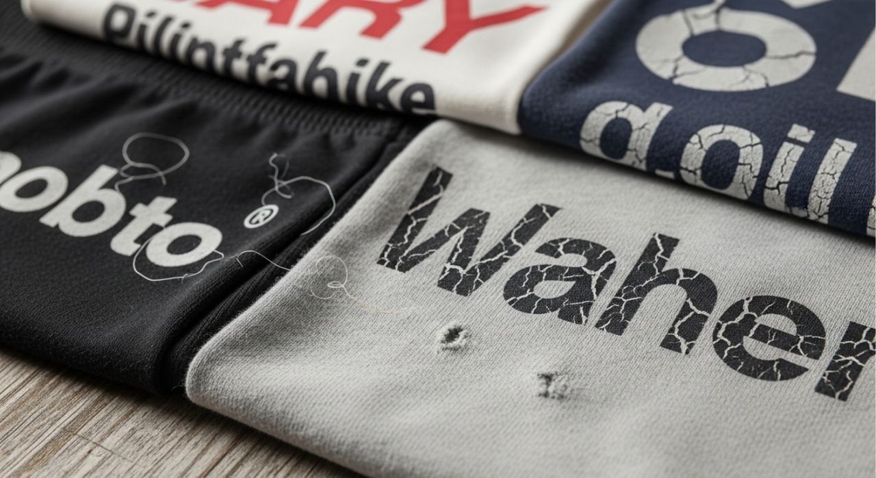 “Printed sportswear logos showing fading and cracking after repeated washes.”