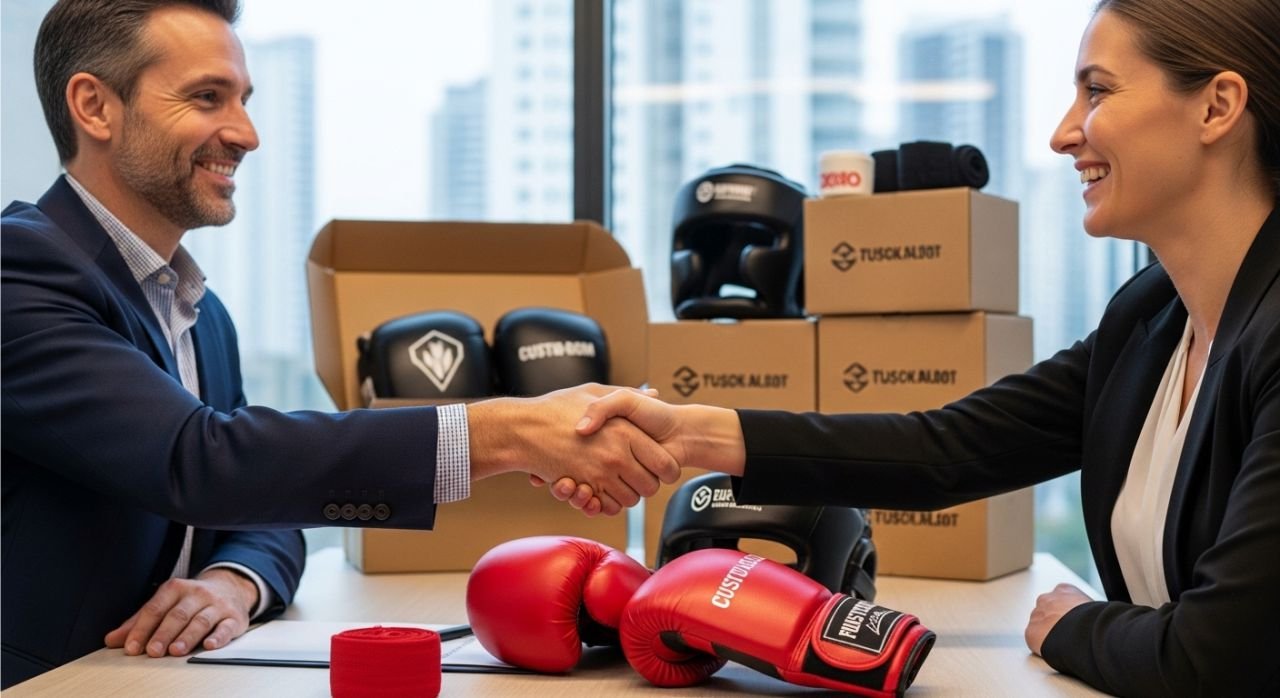 Client and custom boxing gear manufacturer discussing samples, symbolizing long-term business partnership.