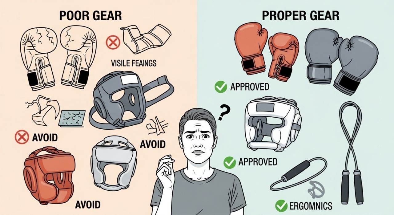 Buyer confused by low-quality boxing gear with warnings, illustrating common mistakes to avoid.