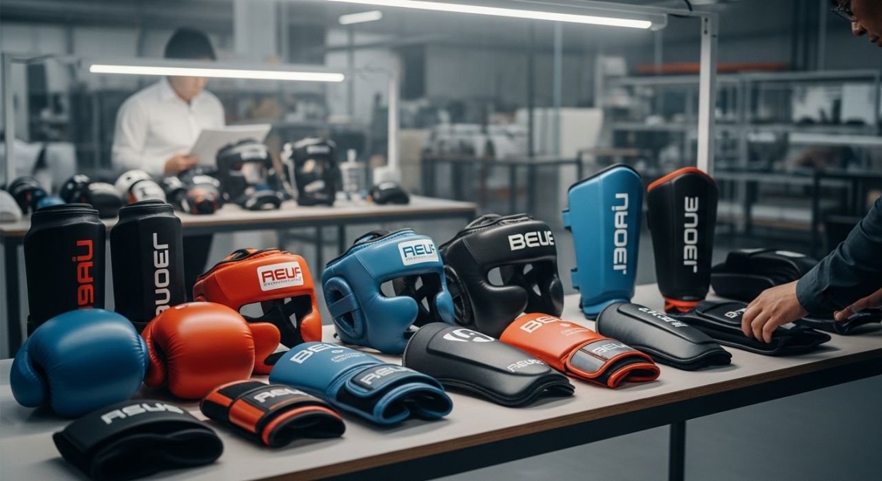 Custom boxing and fitness gear displayed in a professional manufacturing workspace with branding mockups.