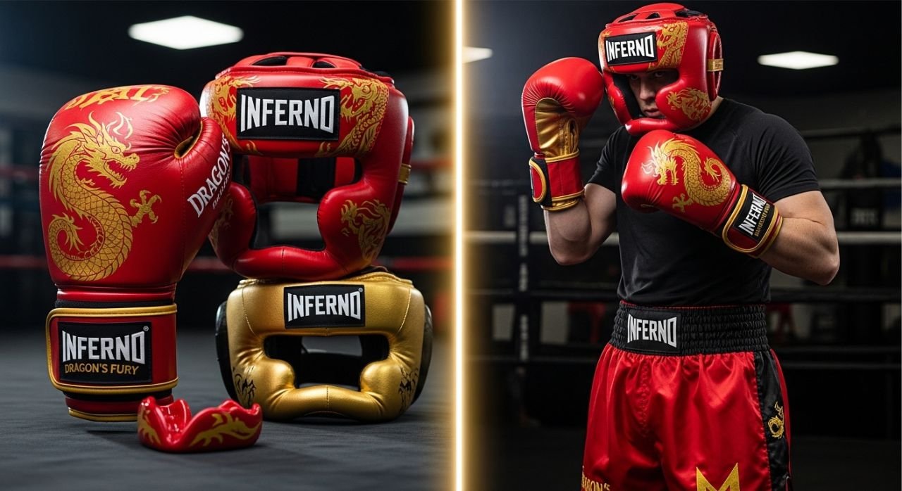 Comparison between customized boxing gear with logos and generic standard boxing equipment.