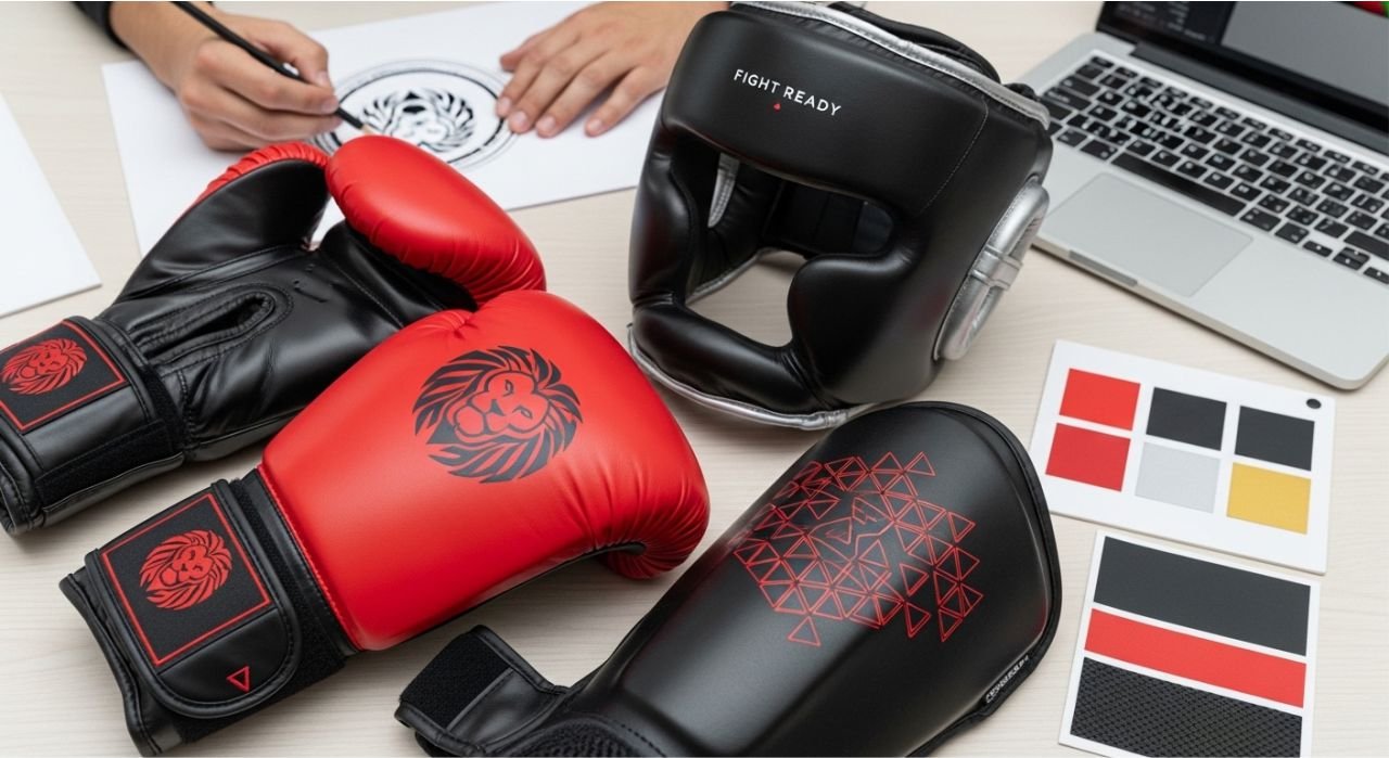 Custom boxing gear showing logos, embroidery, colors, and materials for personalized branding.
