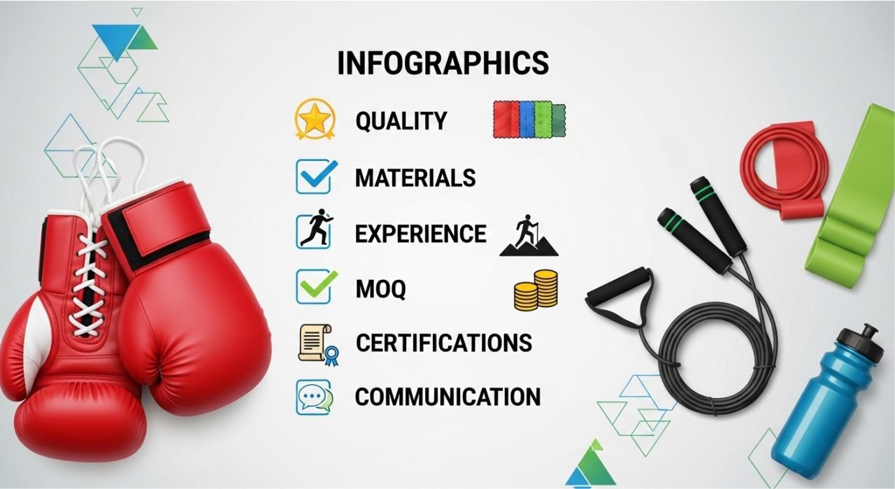 Checklist highlighting key factors to choose a custom boxing gear manufacturer, with icons and gear images.