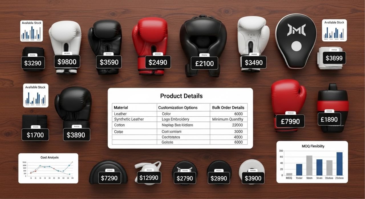 Custom boxing gear with pricing, material options, and quantity charts for cost planning.