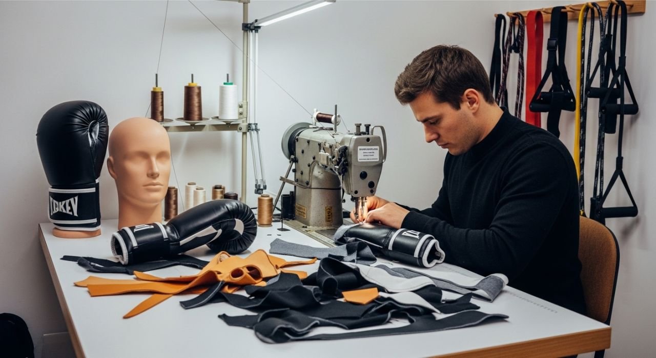 Step-by-step custom boxing gear manufacturing process from design to shipping with gloves and fitness gear.