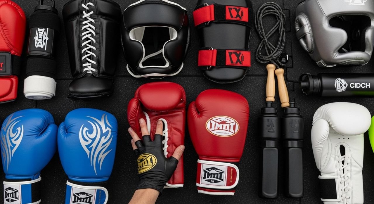 Selection of custom boxing gloves, headgear, and fitness gear showing colors, materials, and logos.