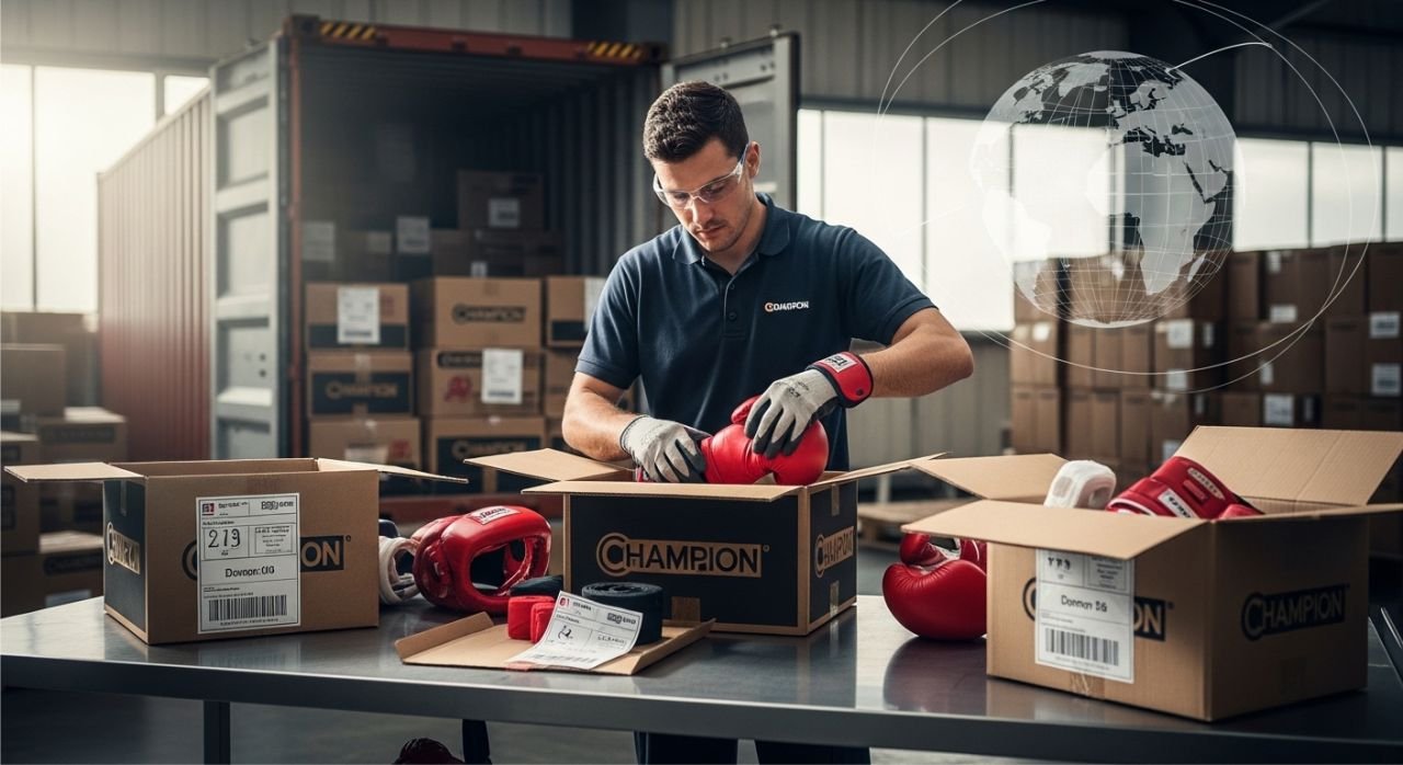 Experienced boxing gear exporter packing custom gear for international shipping and global business.